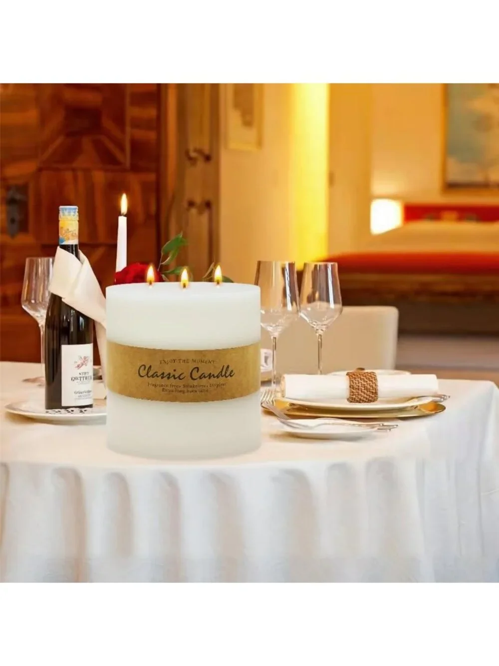 Large 3-Wick White Pillar Candle - Dripless, Smokeless, 120 Hour Burn, Home